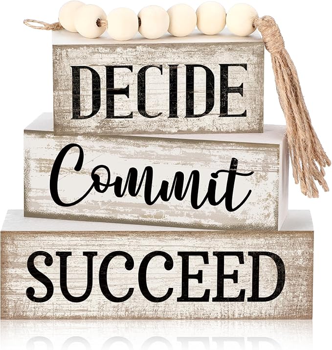 4 Pcs Inspirational Farmhouse Table Decor Rustic Motivational Wooden Stacked Block Decor,Decide Commit Succee Sign with Wood Bead Tassel, Inspirational Tiered Tray Decoration for Home by Moucuny