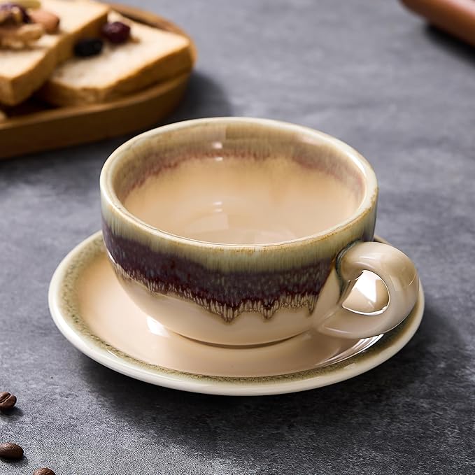 Coffeezone Vintage Design 12 oz Ceramic Latte Art Cappuccino Barista Cup with Saucer (Brown) - Image 3