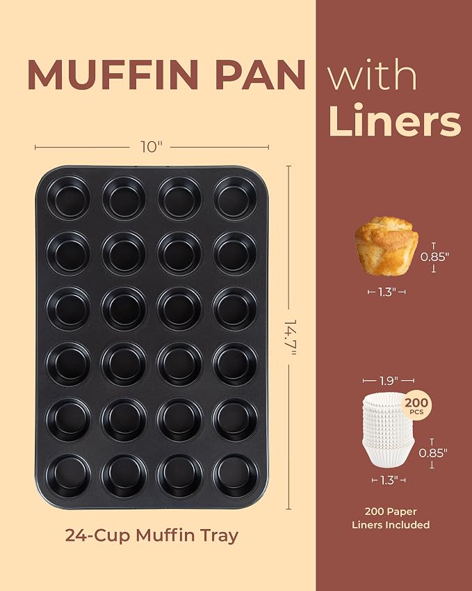 CARTMAN 24-Cup Mini Muffin Pan, Nonstick Carbon Steel Mini Cupcake Tin | Includes 200 paper liners, 24-cup nonstick carbon steel, oven safe 450°F, ideal for egg bites, mini cupcakes & brownies - Image 3