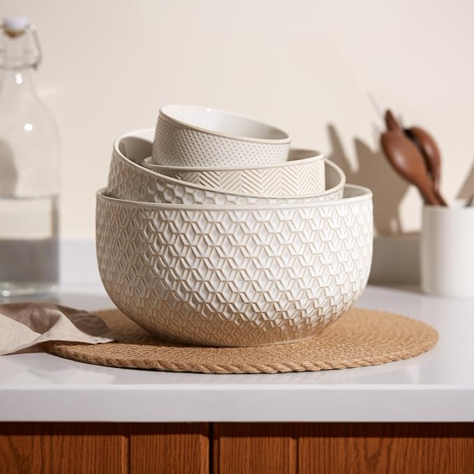 KooK Ceramic Mixing Bowls, Nesting Set of 4, Embossed Kitchen Dishware, Prep, Serving, Gift, Microwave and Dishwasher Safe, 20/44/98/145 oz, Narbonne Collection (Ivory) - Image 2