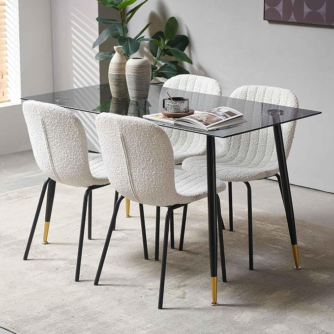 Dining Chairs Set of 4, Modern Boucle Dining Room Chairs with Black Metal Legs, Comfortable Armless Side Kitchen Chair for Home, Living Room, Bedroom, Restaurant, White - Image 5