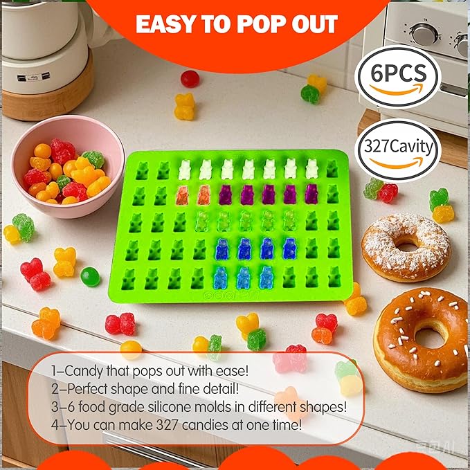 112PCS Mega Silicone Gummy Candy Molds Kit with 4 Droppers & 2 Brushes | BPA Free Non-Stick Molds 20 Shapes (Dinosaur/Donut/Fruit), Storage Box & 100 Wrappers