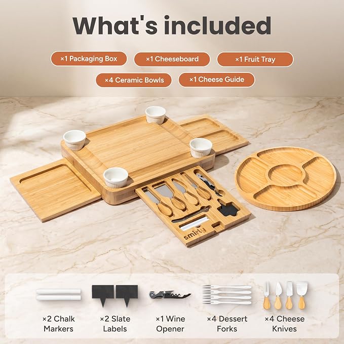 SMIRLY Charcuterie Boards Set, Large Cheese Board Set, Bamboo | House Warming Gift, Wedding Gift for Couple, Bridal Shower Gift, Cheese Board Gift Set, Detachable Drawer Design, 3-Drawer - Image 2