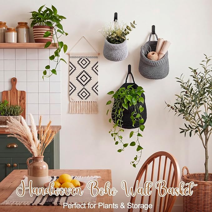 Honeydak Boho Decor Hanging Wall Baskets for Kitchen 3 Pack Teardrop Baskets with Hooks Storage Fruit Onion Vegetable Potato for Home(Light Grey, White, Dark Grey,Barrel,Cotton Rope) - Image 5