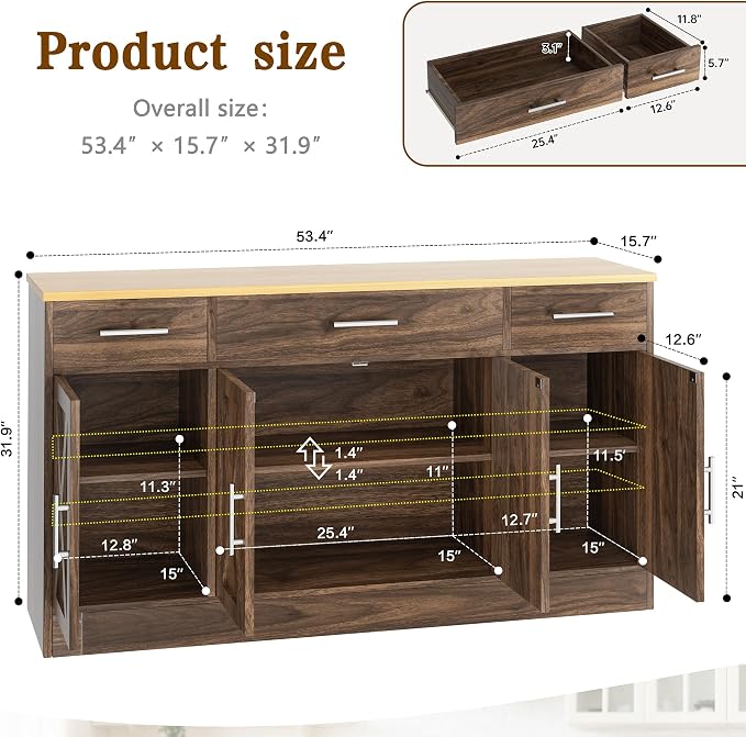 Vongrasig 53' Large Sideboard Cabinet with 4 Doors and 3 Drawers, Farmhouse Buffet Table Coffee Bar Kitchen Storage Cabinet, Wood Cabinet for Kitchen, Dining Room, Rustic Brown - Image 2