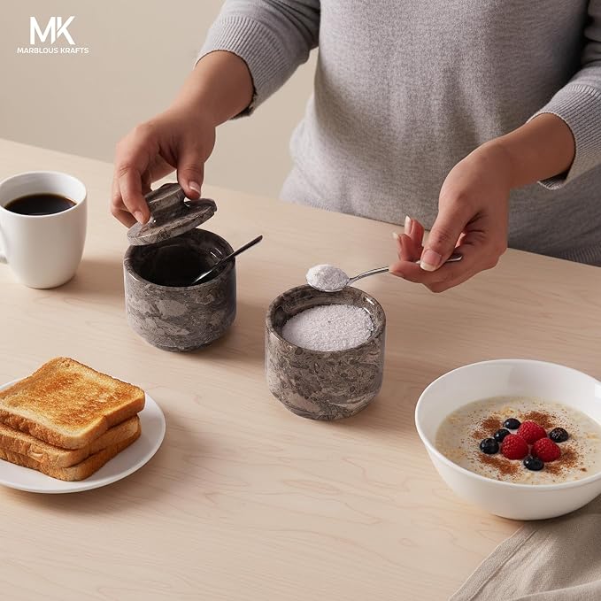 MARBLOUS KRAFTS Marble Salt Cellar 3" Inch Oceanic Flaky Salt Holder for Countertop, Set of 2 Spice Boxes, Brown Sugar Keeper, and Sugar Jar with Lid & Spoon, Perfect for Kitchen Storage - Image 4