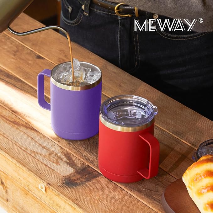 MEWAY 12oz Coffee Mug With Handle 8 Pack Bulk,Stainless Steel Insulated Travel Tumblers With Sliding Lid,Double Wall Vacuum Camping Cup for Hot & Cold Drinks Tea (Purple,Set of 8) - Image 6
