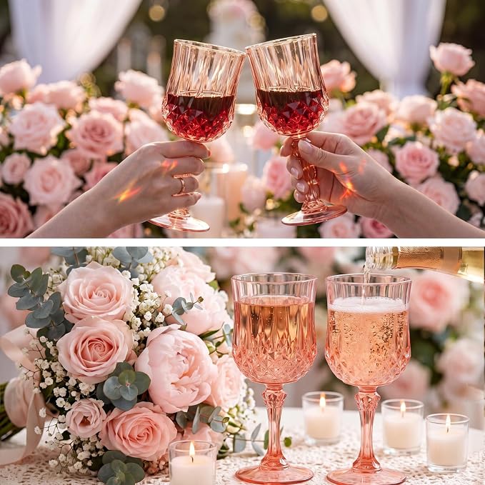 Sliner 48 Pcs 7oz Plastic Vintage Wine Glasses Drinking Goblets Unbreakable Crystal Water Glassware Reusable Diamond Champagne Flutes Cups for Wedding Banquet Birthday Party Supplies (Rose Gold) - Image 5