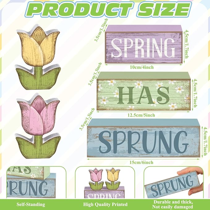 Moucuny 4 Pcs Spring Table Decorations Wooden Stacked Block Sign with Tulip Decor - "spring Has Sprung" Centerpiece Rustic Easter Tiered Tray Decorations Flower Signs for Home Kitchen Tabletop Mantel - Image 3
