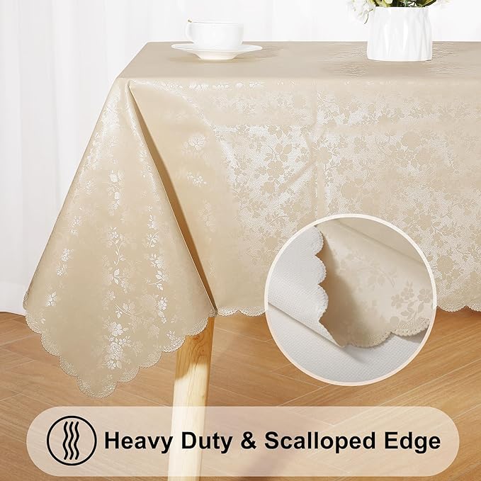 Smiry Rectangle Waterproof Heavy Duty Vinyl Tablecloths, 60 x 102 Inch | Wipeable Washable Floral Embossed Table Cover for Kitchen and Dining Room, Indoor & Outdoor Use, Beige - Image 6