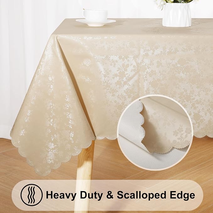 Smiry Rectangle Waterproof Heavy Duty Vinyl Tablecloths, 54 x 78 Inch | Wipeable Washable Floral Embossed Table Cover for Kitchen and Dining Room, Indoor & Outdoor Use, Beige - Image 6