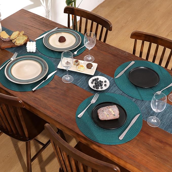 SHACOS Round Placemats Set of 6 Washable 15 inch Round Table Mats Cotton Polyester Woven Braided Place Mats for Dining Table, Teal Green - Image 7
