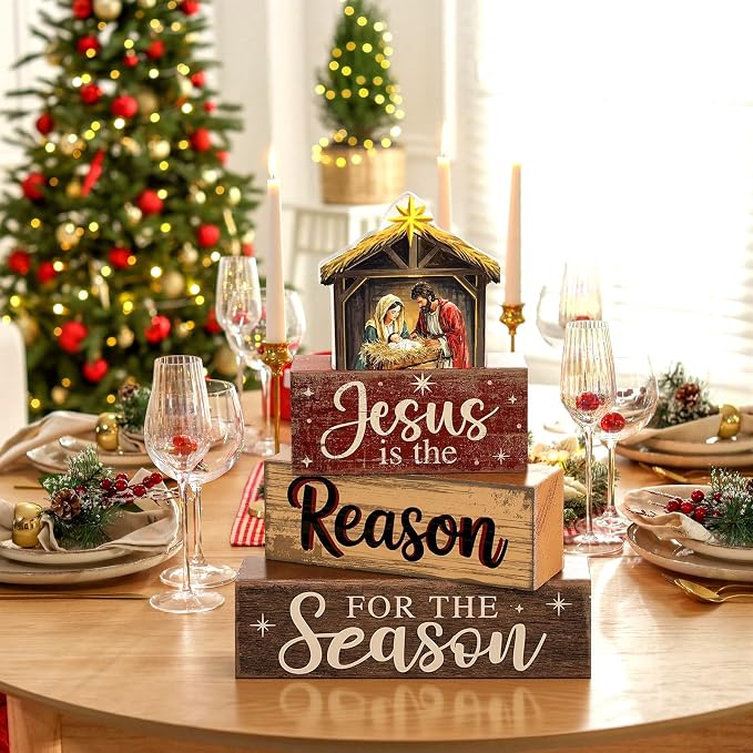 Moucuny 4 Pcs Christmas Table Decoration Christian Wooden Stacked Block, Jesus is the Reason for the Season Signs with Nativity Scene, Rustic Religious Christmas Tiered Tray Decor for Home Church - Image 4