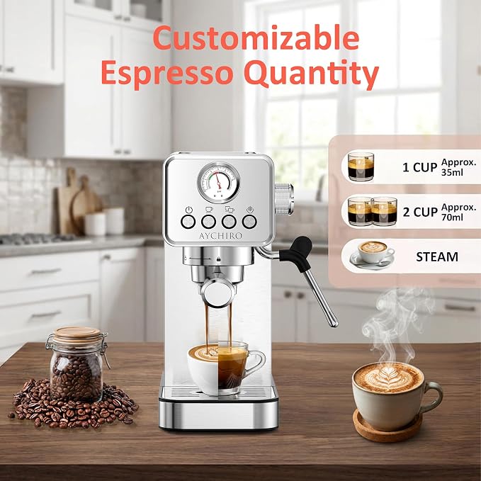 AYCHIRO 20 Bar Espresso Machine with Pressure Gauge, Compact Semi-Automatic Espresso Maker with Steam Wand, 1350W Fast Heating Coffee Machine with Removable 37oz Water Tank for Home Office - Image 5