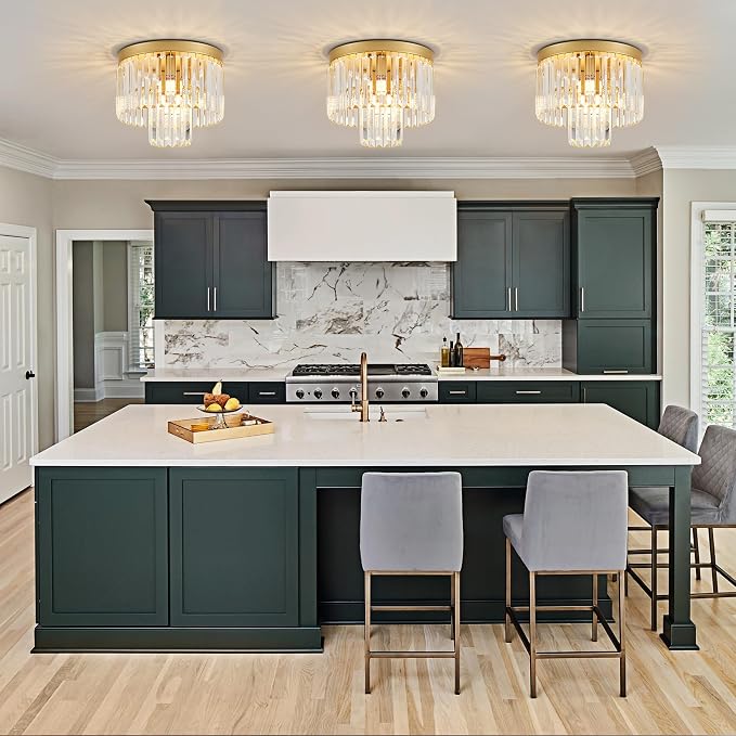 12.6" 4 Light Gold Crystal Ceiling Light for Dining Room | K9 Crystal, Stainless Steel, 2 Tier, E12 Base, Flush Mount, for Kitchen Island Living Room Bedroom Entryway - Image 4