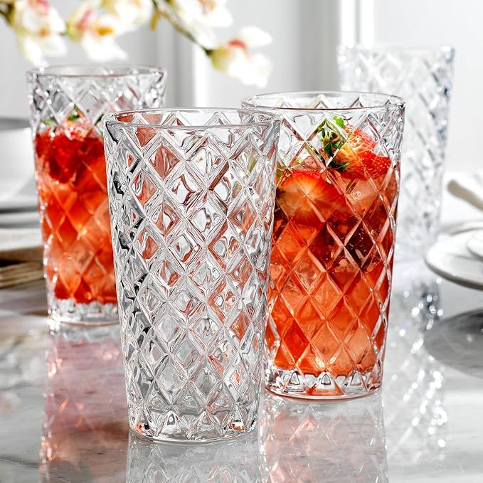 Drinking Glasses Set of 16 Premium Diamond Cut Textured Glassware 8 Highball Glasses 17 oz and 8 Whiskey Glasses 10 oz Elegant Drinking Glasses - Image 3