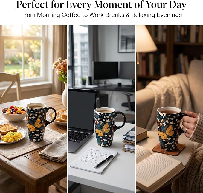 Topadorn 17oz Ceramic Travel Mug, Butterfly Coffee Mug with Gift Box | Large Floral Coffee Cup, Microwave & Dishwasher Safe Ceramic Travel Cup, Butterfly - Image 3