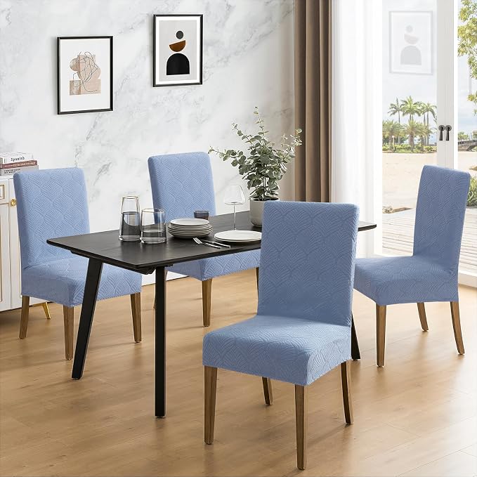 MOSAYT 100% Waterproof Dining Room Chair Covers Set of 4, Super Fit Stretch Jacquard Parson Chairs Slipcovers Removable Washable Chair Seat Protectors for Home, Kitchen, Banquet (Light Blue - XL) - Image 2