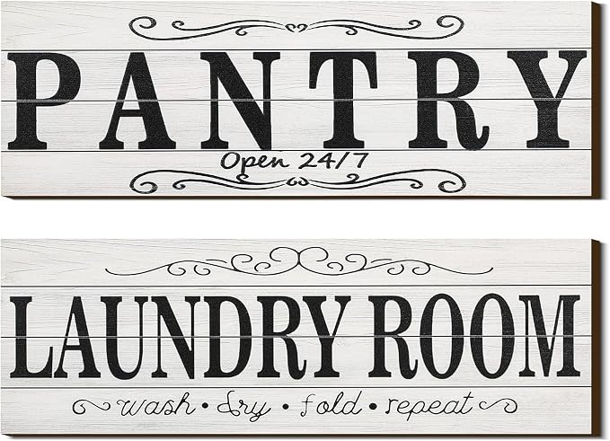 Jetec 2 Pcs Pantry Signs Wall Decor Wooden Laundry Room Signs Farmhouse Laundry Pantry Room Door Sign Wood Rustic Retro for Kitchen Home, 15 x 5 Inches(White) by Jetec