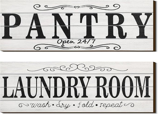 Jetec 2 Pcs Pantry Signs Wall Decor Wooden Laundry Room Signs Farmhouse Laundry Pantry Room Door Sign Wood Rustic Retro for Kitchen Home, 15 x 5 Inches(White) by Jetec