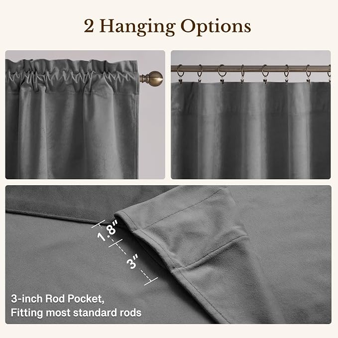Grey Scalloped Valance for Windows 52x18 Inch 1 Panel | Luxury Velvet Kitchen Curtains for Small Window, Wavy Hem Window Treatment for Bathroom，Basement, Rod Pocket - Image 4