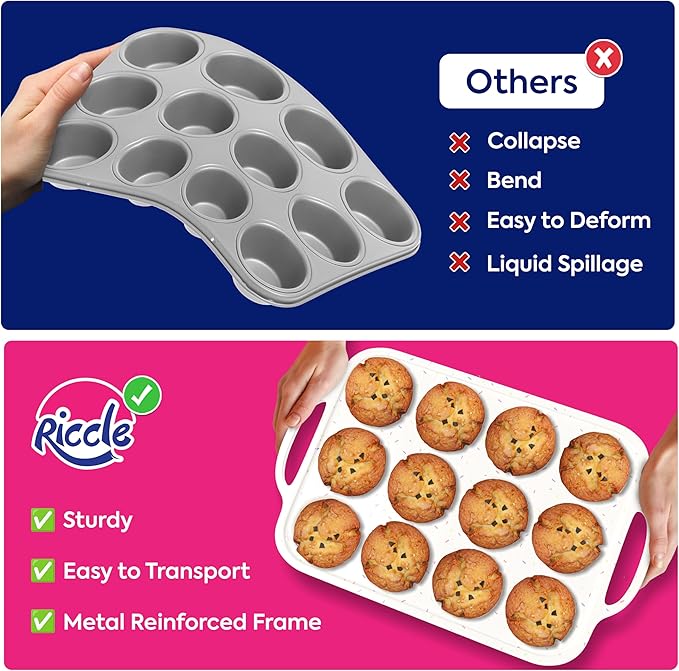 RICCLE 2 Pack Silicone Muffin Pan with Metal Reinforced Frame, 12-Cup Cupcake Pan, Silicone Muffin Tray Cupcake Baking Pan Molds, Molds for baking, Oven & Dishwasher Safe, BPA-Free