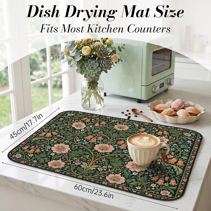 Vintage Floral Dish Drying Mat for Kitchen Counter Coffee Bar 18x24 in | Decorative Non Slip Absorbent Kitchen Dishes Drainer Mat, with Anti-slip Rubber Backing & Hanging Loop, for Sink, Home Gift - Image 2