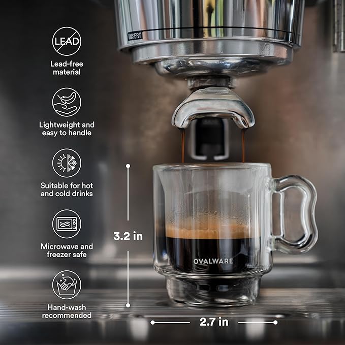ovalware RJ3 Espresso Coffee Cups 4oz/120ml (Set of 2) Double-Walled Cup w/Solid Butterfly Handle - Elegant Borosilicate Espresso Shot Mug - Stackable Insulated Transparent Demitasse
