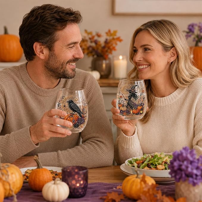 3D Halloween Autumn Glass Art Cup,Stemless Holiday Glassware Collection | Fantasy Fall Witch Wine Glasses,Holiday Printed Table Ornaments,Magical Halloween Home Decor Gifts for Various Beverages - Image 6