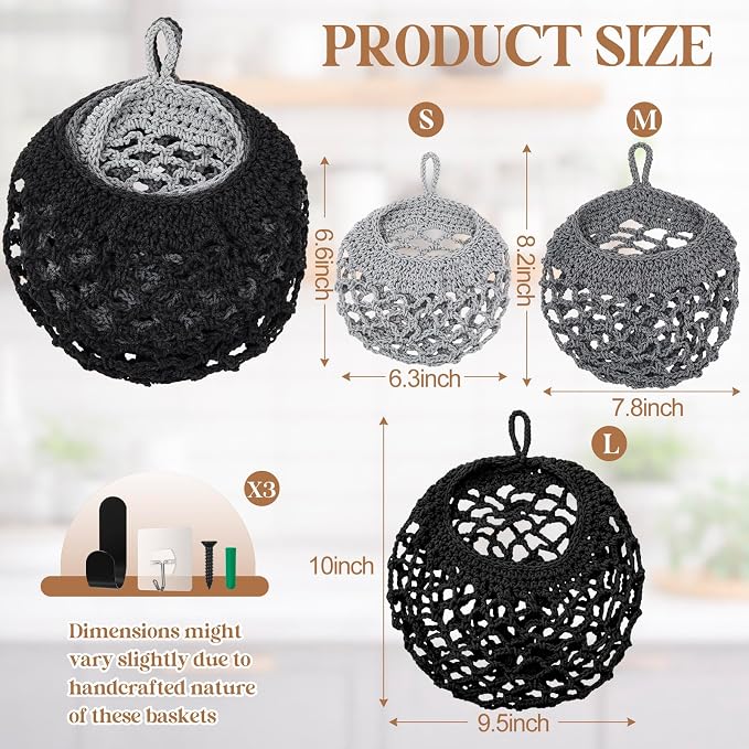 Honeydak Boho Decor Hanging Wall Baskets for Kitchen 3 Pack Teardrop Baskets with Hooks Storage Fruit Onion Vegetable Potato for Home(Light Grey, White, Dark Grey,Crochet,Cotton Rope) - Image 2