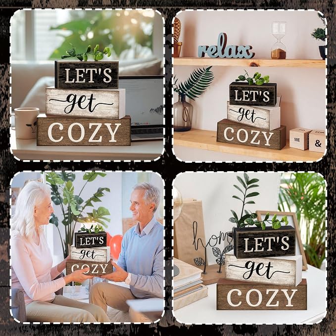 Moucuny 4 Pcs Farmhouse Table Decor Inspirational Wooden Signs Rustic Eucalyptus Leaves Wooden Block Sign Gift Let's Get Cozy Farmhouse Table Centerpiece for Living Room Housewarming Gift - Image 4