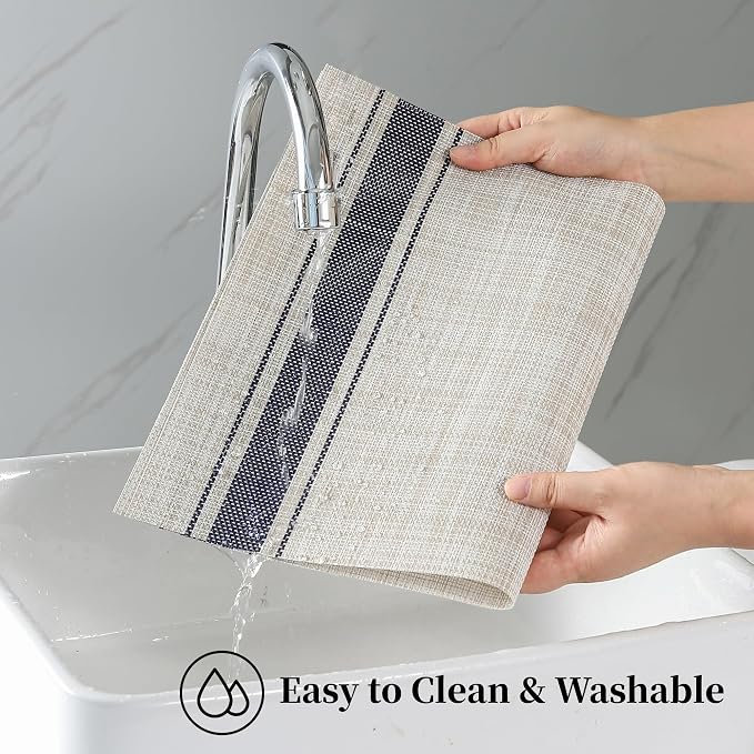 Leetaltree Khaki-Blue Placemats, Heat Resistant Non-Slip Place mats for Dining Table, Washable Durable PVC Vinyl Woven Table Mats (Set of 6) - Image 3