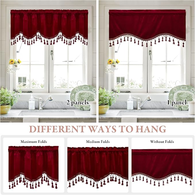 Red Tassel Christmas Velvet Valances Curtains 52x18 Inch 2 Panels | Christmas Home Decoration, Rod Pocket Kitchen Tassel Tier Curtains Room Darkening Window Drapes for Bedroom, Bay Window - Image 5