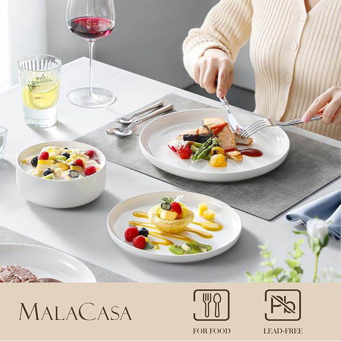 MALACASA 18 Pcs Porcelain Plates and Bowls Sets,Dinnerware Set for 6,White | Modern Ceramic Dishware,Kitchen Dining Ware,Microwave and Dishwasher Safe,Simple Solid White Design,Series LUNA - Image 4