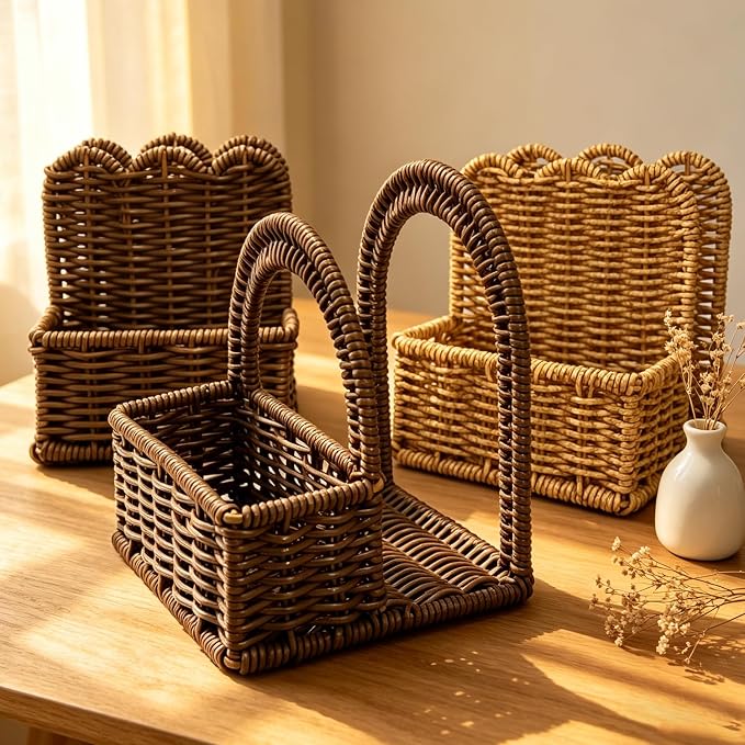 Plastic Rattan Scalloped Perimeter Napkin Holder for Table, Salt and Pepper Shakers Holder - Countertop Organizer for Rustic Room Decor (Without Salt, Pepper Shakers & Napkins) (Subdued Brown) - Image 7