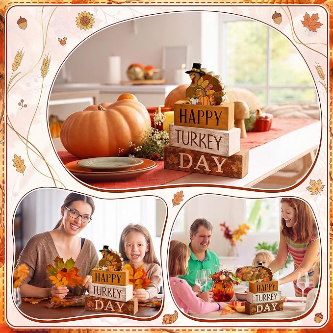 Moucuny 4 Pcs Fall Table Decorations for Home Thanksgiving Turkey Wooden Stacked Sign Decor Thanksgiving Tiered Tray Decor Rustic Happy Turkey Day Block Sign for Autumn Harvest Party Kitchen Shelf - Image 4