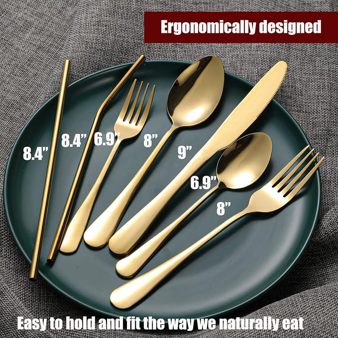 28 Pieces Gold Silverware Service for 4 Flatware Set Stainless Steel Utensils Cutlery Set Dishwasher Safe Flatware (Gold, 28) - Image 3