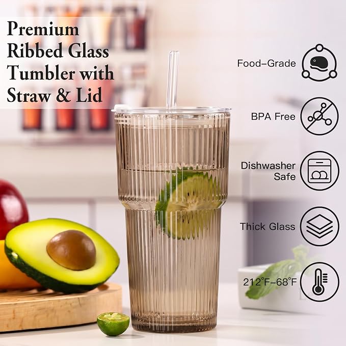 4PCS Gray Glass Cups with Lids and Straws, 20oz Vintage Drinking Glasses, Aesthetic Iced Coffee Cups, Glass Tumbler for Boba, Beer, Tea, Cocktails, Grey Ribbed Glassware Set (Gray-4) - Image 6