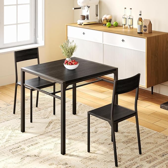 Gizoon 3-Piece Dining Table Set for 2, Small Kitchen Table & Chairs Black | Compact black 2-person dining set perfect for apartments. Features under-table storage rack and 2 chairs that tuck away. by Gizoon