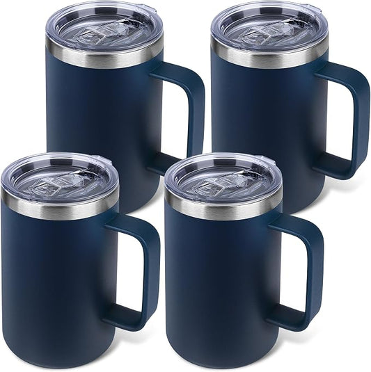 22oz Insulated Coffee Mug with Handle & Leak-Proof Lid - Double Wall Stainless Steel Travel Tumbler Bulk for Commute/Office/Home, Navy Blue, 4 Pack by Unknown