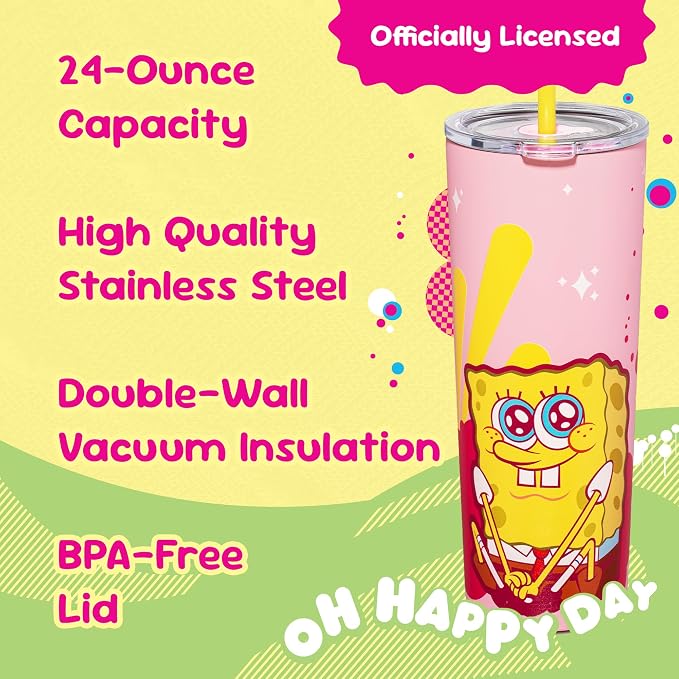 Dragon Glassware x SpongeBob SquarePants Tumbler with Straw, 24 oz - Pink | Vacuum Insulated Stainless Steel Tumbler with Straw & Lid; Double Walled Tumbler with Straw; SpongeBob SquarePants Cup - Image 3