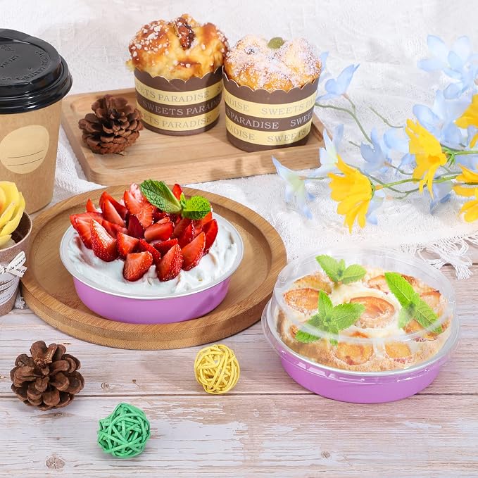 Beasea Disposable Mini Pans with Lids, 100 Pack 4” 8oz Light Pink Aluminum Baking Foil Tins Round Small Tart Container for Individual Cupcake Dessert Muffin Ramekin Cheesecake Quiche Oven Dishes - Image 4