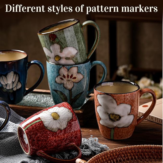 Maxdot 4 Pcs 12oz Ceramic Coffee Mugs Sets Glazing Process Cappuccino Mug Floral Ceramic Tea Cups Idea Gift Set for Women Porcelain Cup for Coffee, Cocoa, Tea, Latte (Retro) (Classic) - Image 5