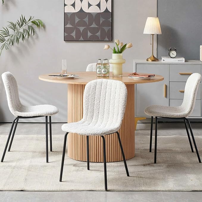 5 Piece Round Dining Table Set for 4, Mid Century Modern Wooden Kitchen Table and Chairs, Space-Saving Small Dinette Set (47 Inch Oak Table+4 White Chairs) - Image 5