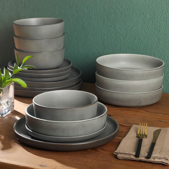 Gibson Elite Pasco 16 Piece (Service for 4) Plates and Bowls Double Bowl Reactive Glaze Dishes Stoneware Ceramic Dinnerware Set - Grey - Image 3