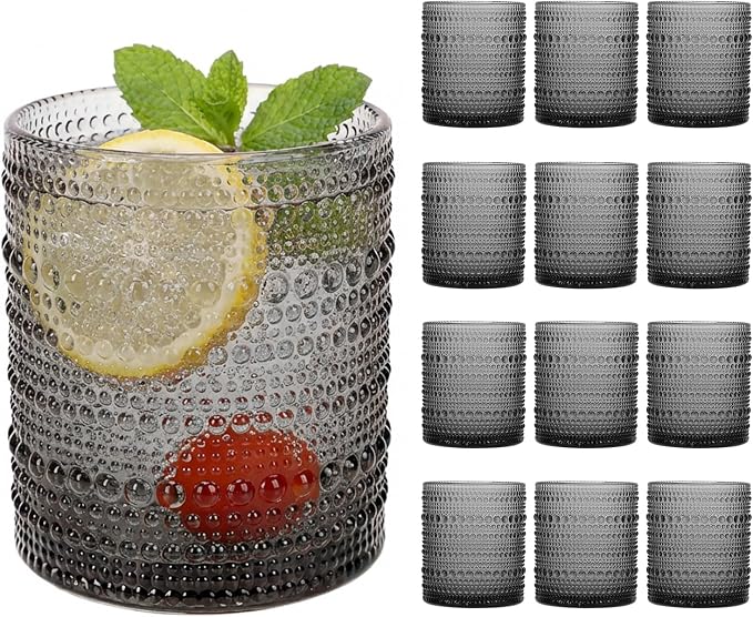Moretoes 12 Pack 10 Oz Gray Hobnail Drinking Glasses Set | Cocktail Glasses Vintage Glassware, Textured Glass Cups Bubble Glasses Water Glasses Old Fashion Jupiter Glasses Set by Moretoes