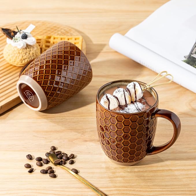 GBhome Large Coffee Mugs Set of 4, 16oz Handmade Embossed Coffee Mugs Set with Large Handle for Cappuccino/Latte/Tea/Hot Cocoa, Dishwasher & Microwave Safe, Caramel - Image 6