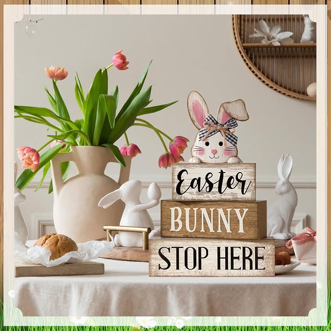 Moucuny 4 Pcs Easter Bunny Table Decoration Stacked Wooden Bunny Block Decor 3-tier Tabletop Sign with 3D Rabbit, Rustic Farmhouse Easter Decorations for Home Egg Hunt Party Centerpiece Gift - Image 5