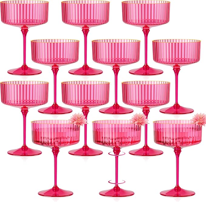 12 PCS Ribbed Coupe Glasses Hot Pink Plastic Champagne Coupe Cup 10oz Detachable Gold Rim Espresso Martini Glass Vintage Margarita Glassware Cocktail Glass Set for Valentine's Day Bachelorette Party by Unknown