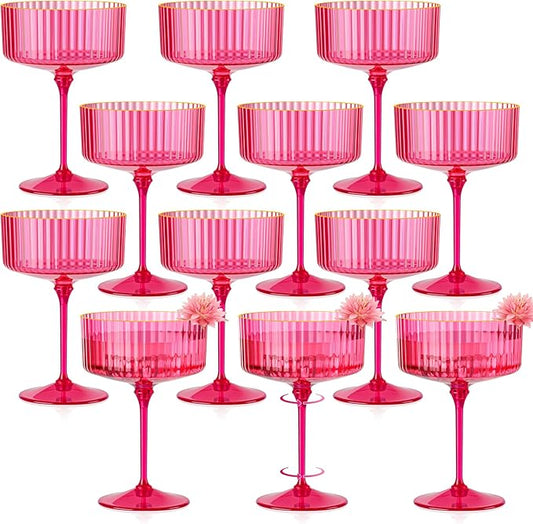 12 PCS Ribbed Coupe Glasses Hot Pink Plastic Champagne Coupe Cup 10oz Detachable Gold Rim Espresso Martini Glass Vintage Margarita Glassware Cocktail Glass Set for Valentine's Day Bachelorette Party by Unknown